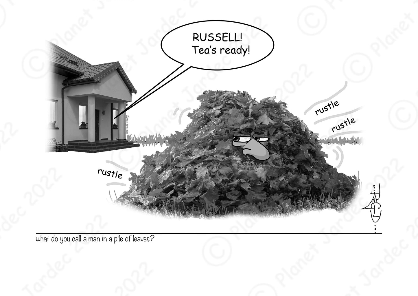 Comedy Caricature: "What do you call a man in a pile of leaves? Russell", by artist RegD