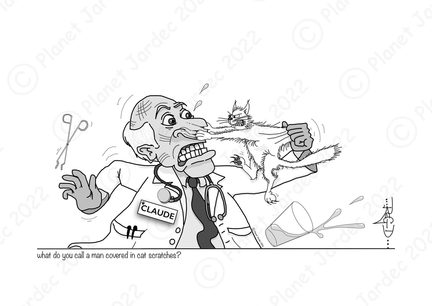 Comedy Caricature: "What do you call a man covered in cat scratches? Claude", by artist RegD