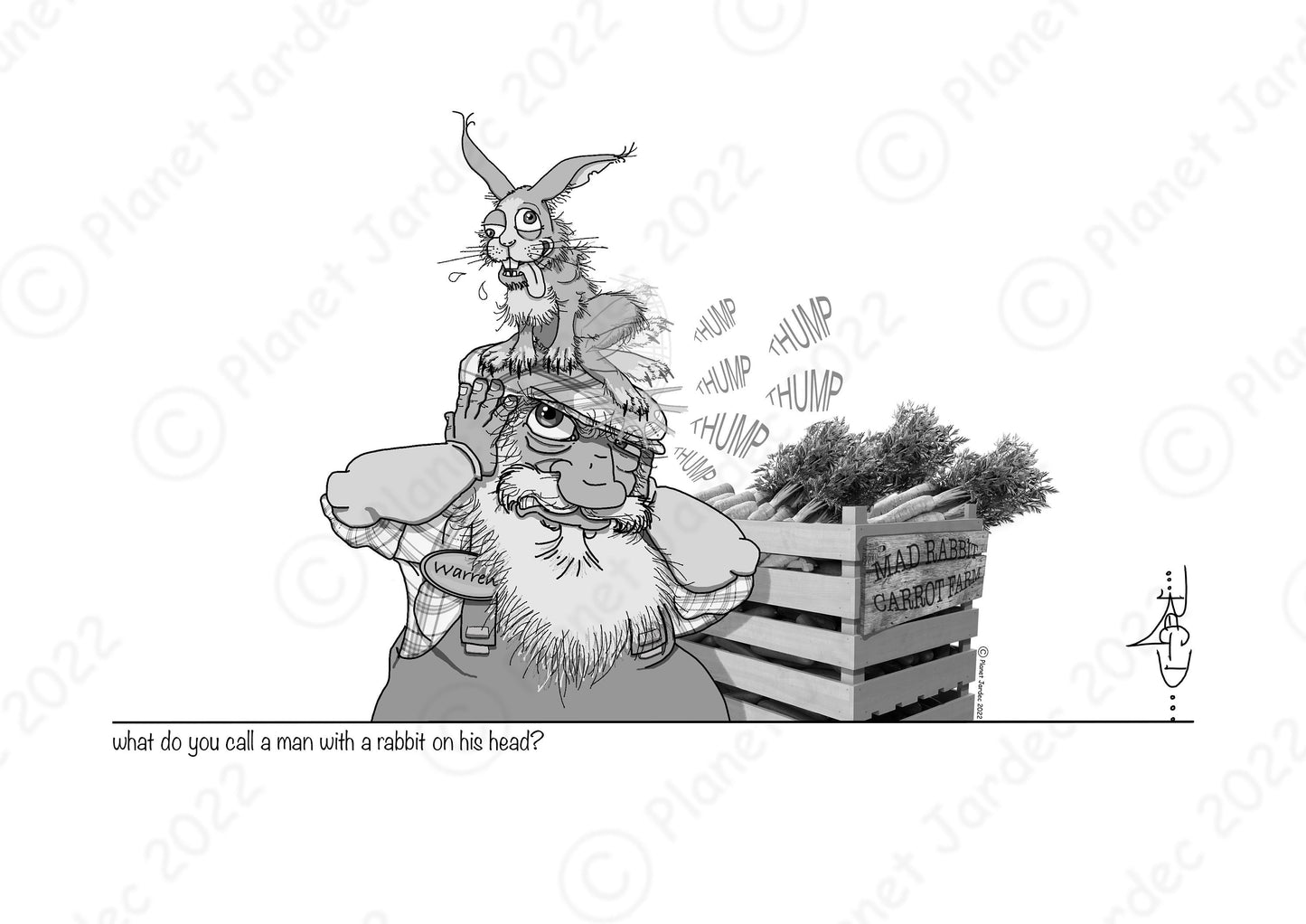 Comedy Caricature: "What do you call a man with a rabbit on his head? Warren", by artist RegD
