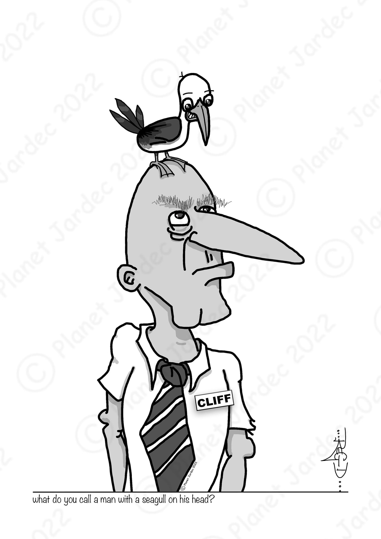 Comedy Caricature: "What do you call a man with a seagull on his head? Cliff", by artist RegD